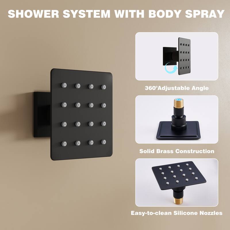 3-Function Ceiling-Mounted Shower System With 12" Ultra-Thin Square Shower Head,Body Jets And Hand Shower(Valve Included)
