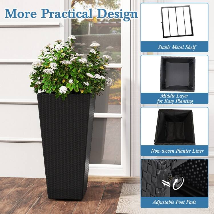 Black PE Rattan Metal Tall Planter Set of 2 with Drainage and Liner for Patio - 15" x 15" x 30" (L x W x H)