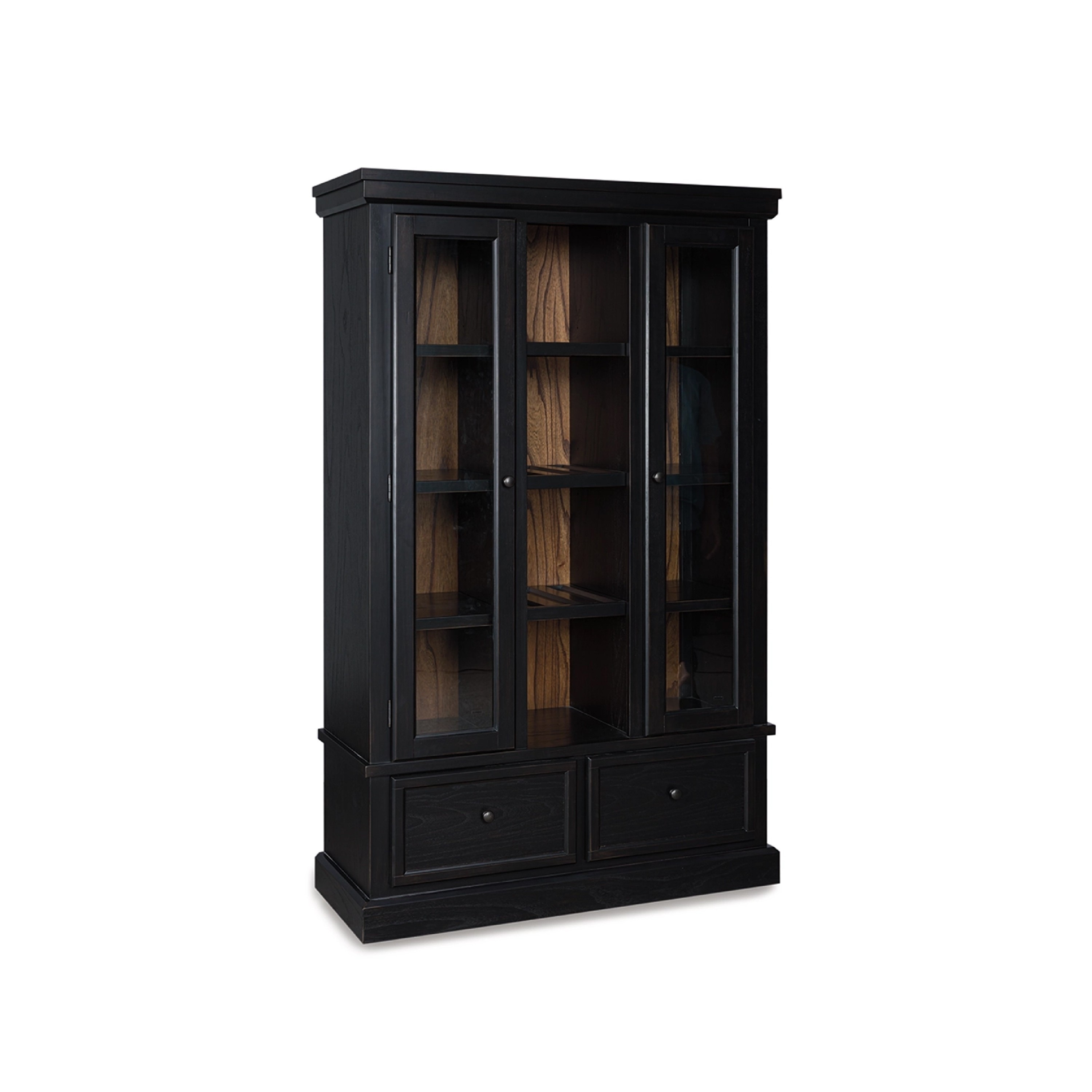 Gela Curio Cabinet with Glass Doors, Drawers, and Wine Shelves, Black