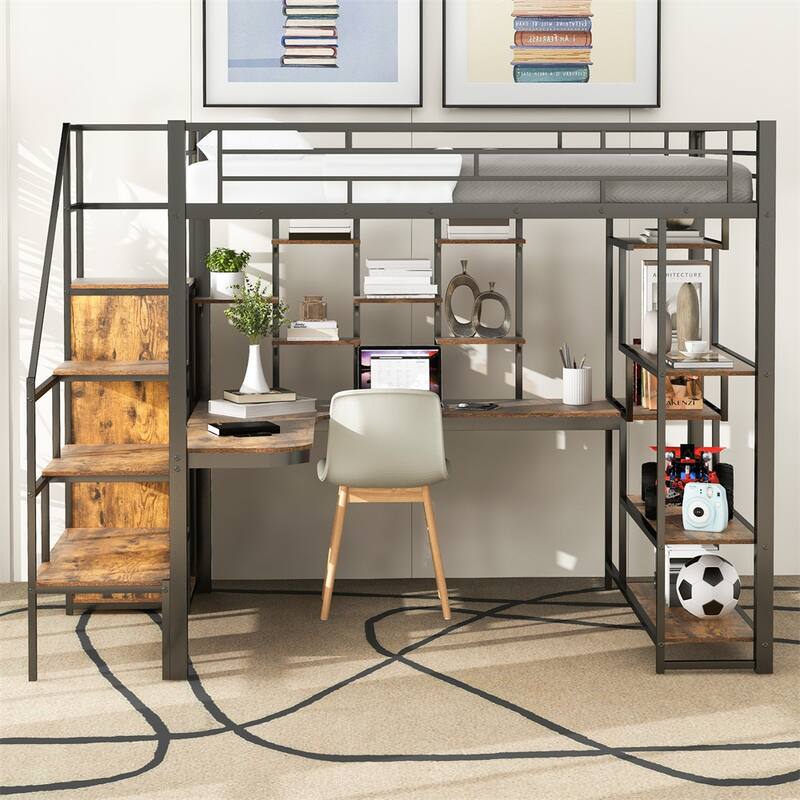 Full Size Metal Loft Bed with Storage Staircase and Small Wardrobe