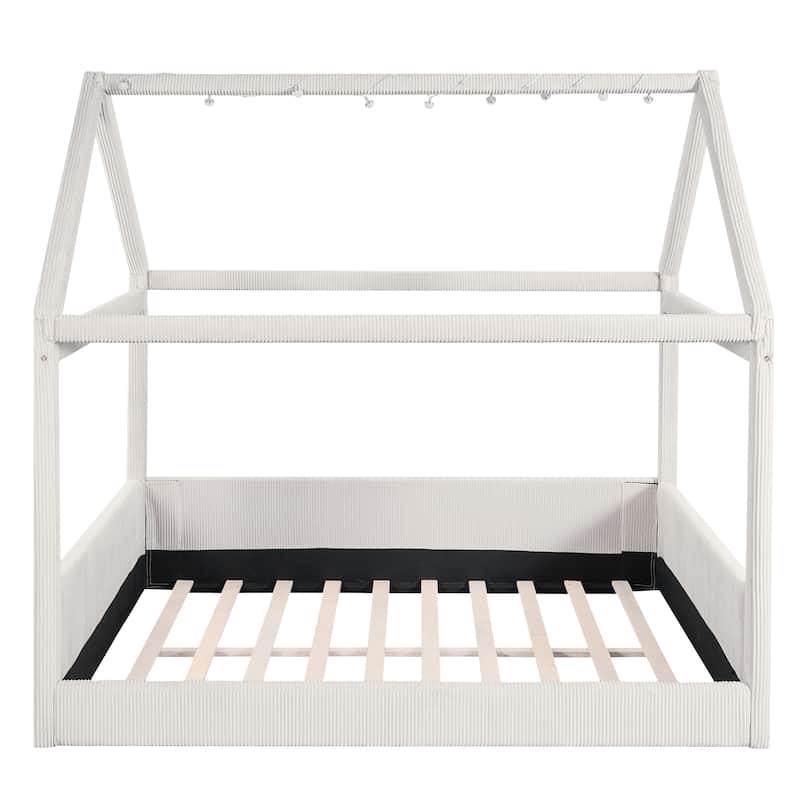 Full Size Upholstered House Bed Frame, Kids Platform Bed with LED Light Strips