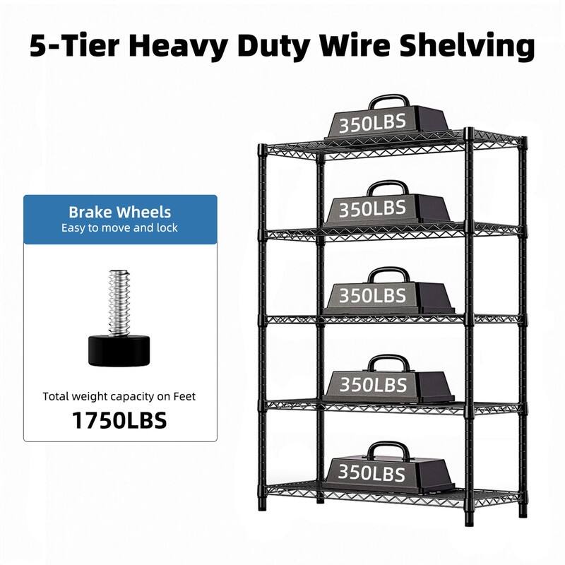 5-Tier Adjustable Metal Storage Rack, Black, 1750/2000 lbs, 71.2"/72.3"H