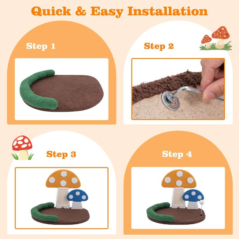 Cat Bed with Mushroom Design and Sisal Scratching Panel for Claw Care - 23" x 19.5" x 17"