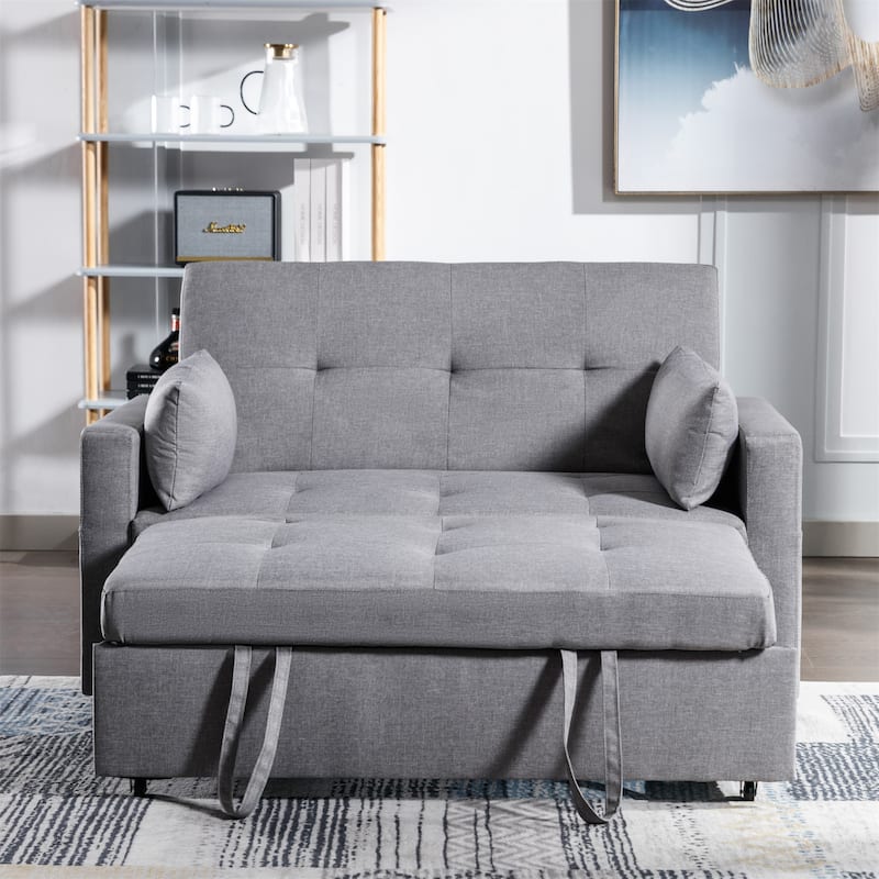 Linen Fabric 3-in-1 Convertible Sleeper Loveseat with Side Pocket
