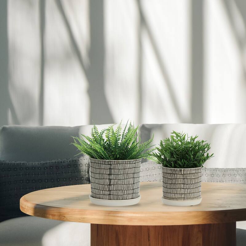 Sagebrook Home Modern Indoor or Outdoor Ceramic Planter Set of 2 - 8" x 8" x 7" - Beige Brown Lines