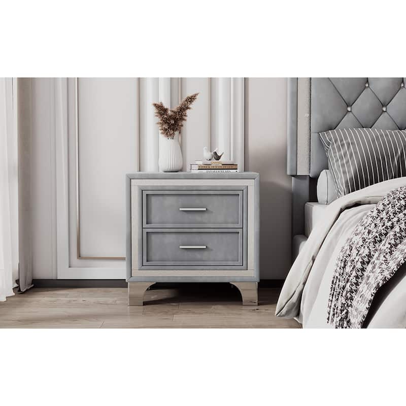 2-Drawer Nightstand with Metal Legs - Gray