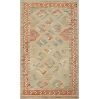 Hand Woven Oriental 100% Wool Carpet Southwestern Tribal Beige & Ivories Kilim Area Rug - 8' 2'' X 5' 1''