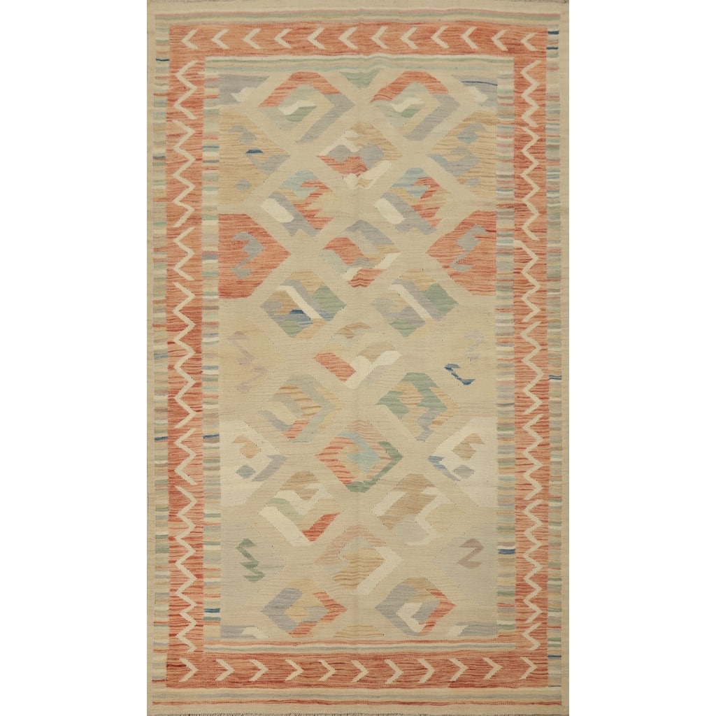 Hand Woven Oriental 100% Wool Carpet Southwestern Tribal Beige & Ivories Kilim Area Rug - 8' 2'' X 5' 1''