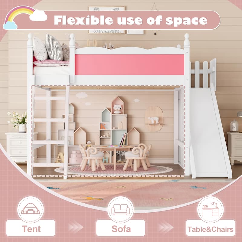 Modern High Loft Beds with Full Length Guardrails, Solid Wood Storage Loft Bed Frame with Detachable Slide and Ladders