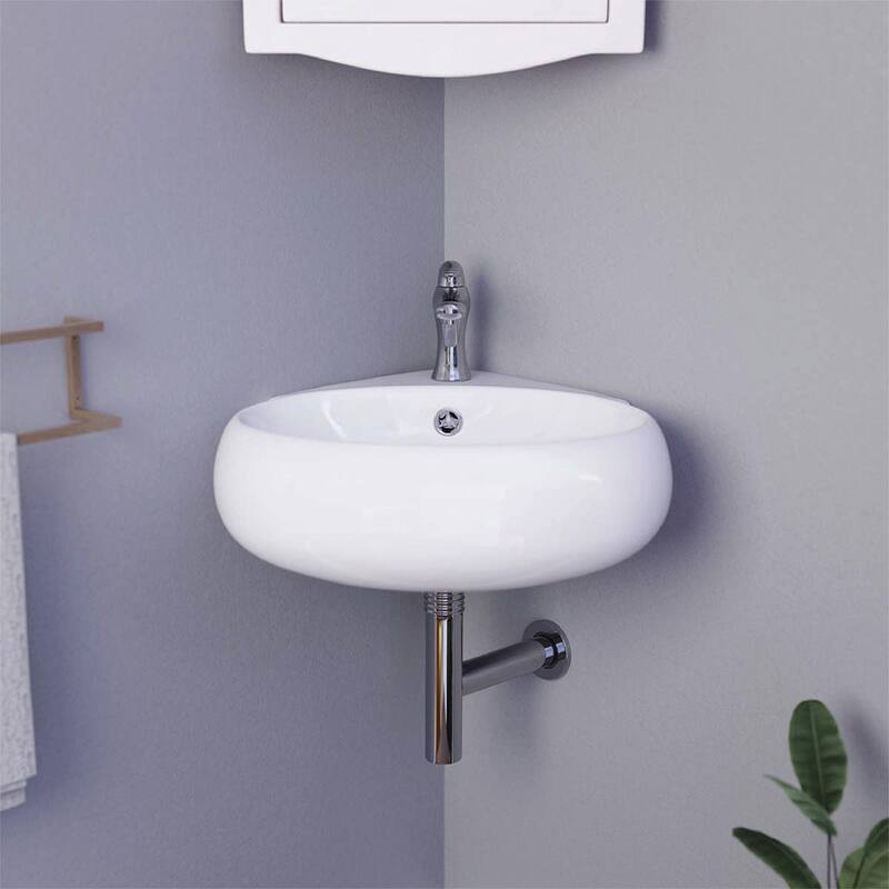 White Ceramic Corner Bathroom Sink 15.75" Wall Mount or Countertop Vessel Sink Oval Easy Clean Bathroom Sink Renovators Supply