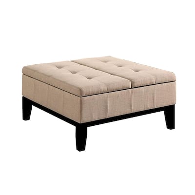 Orin 36 Inch Ottoman, Split Storage Lid, Tufted Beige Upholstery, Wood