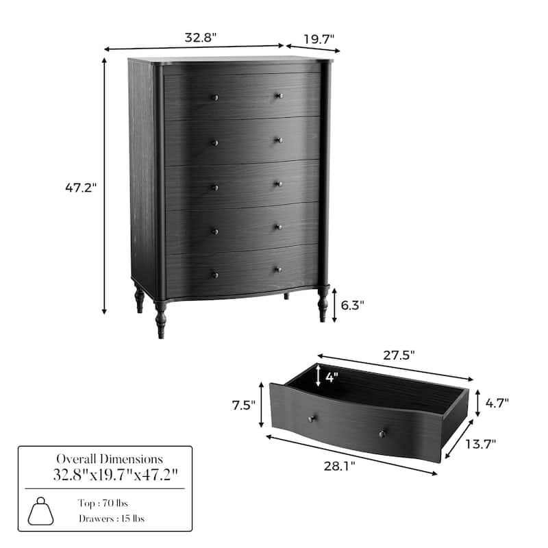 5 Drawer Chest Dresser for Bedroom, Wooden Chest of Drawers with Turned Solid Wood Legs, Modern Storage Dresser, 32.8" Wide