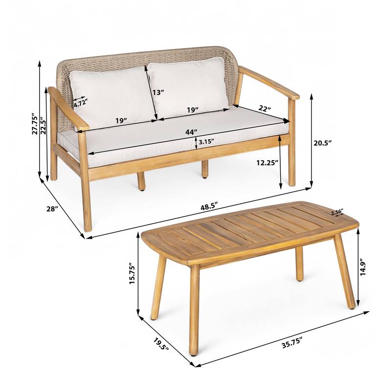Christopher Knight Home - Camille 4-Piece Outdoor Acacia Wood Conversation Set with Woven Rope Backrest & Coffee Table