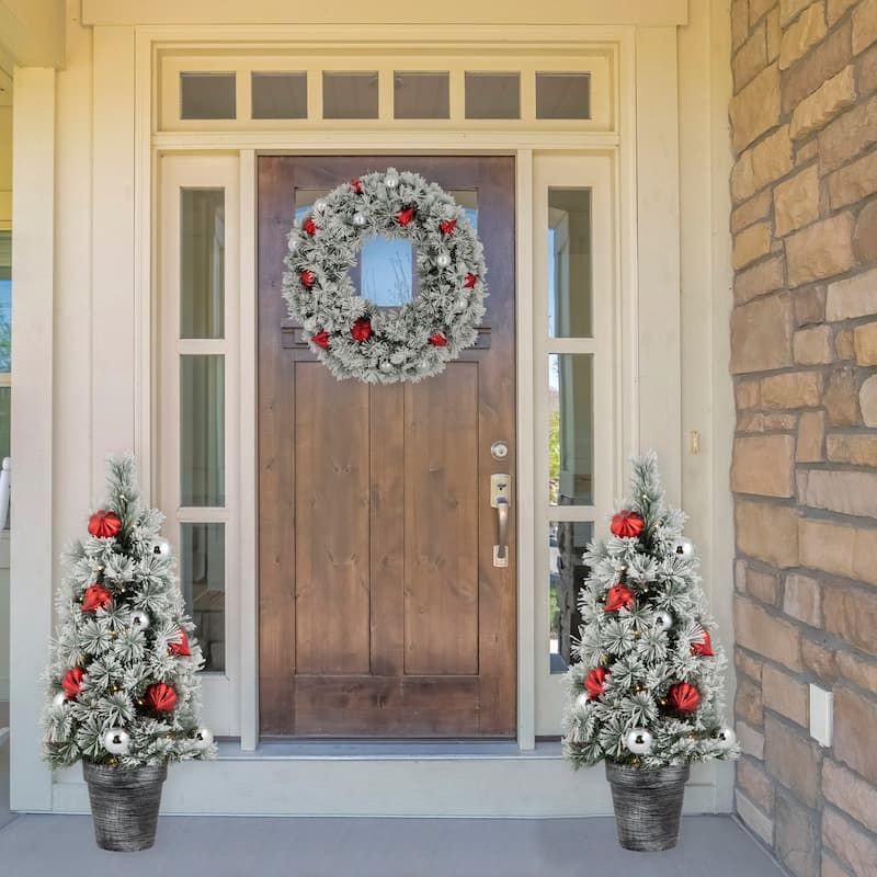 3' Potted Snowy Bristle Pine Artificial Christmas Tree, Warm White LED - 3 Foot