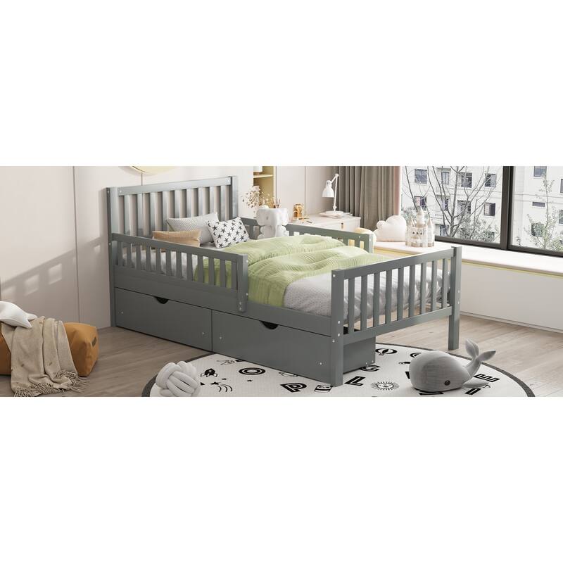Twin Size Wood Platform Bed with Guardrails and Two Storage Drawers, Gray, Sturdy Construction