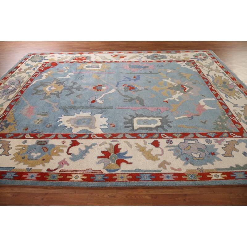 Light Blue Oushak Area Rug Hand-Knotted Floral Wool Carpet - 8'11"x 11'8"