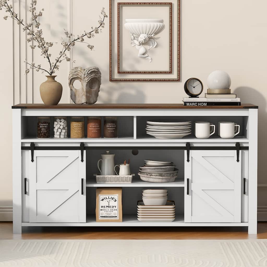 59.3" Sideboard with Sliding Barn Door and Mesh Panels,Farmhouse Buffet with Open Storage,Suitable for Living Room, Hallway