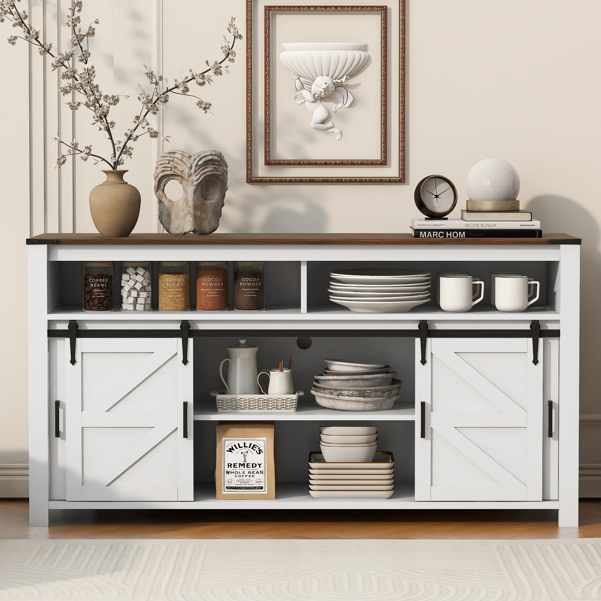 59.3''Sideboard with Sliding Barn Door and Mesh Panels,Farmhouse Buffet with Open Storage,Suitable for Living Room, Hallway