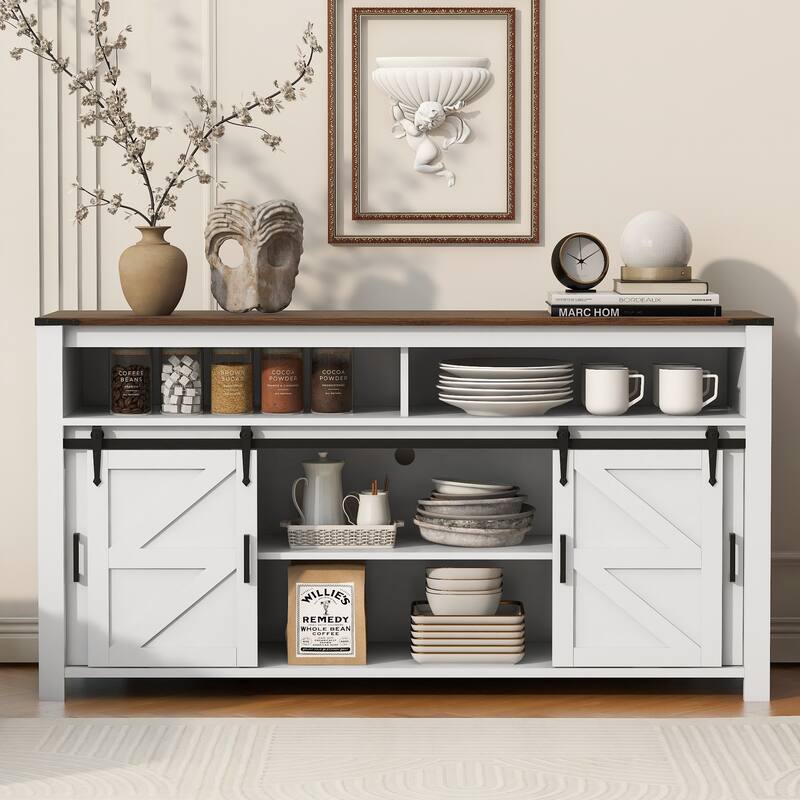 Buffet Cabinet with Sliding Barn Door and Mesh Panels, Open Storage - Brown+White