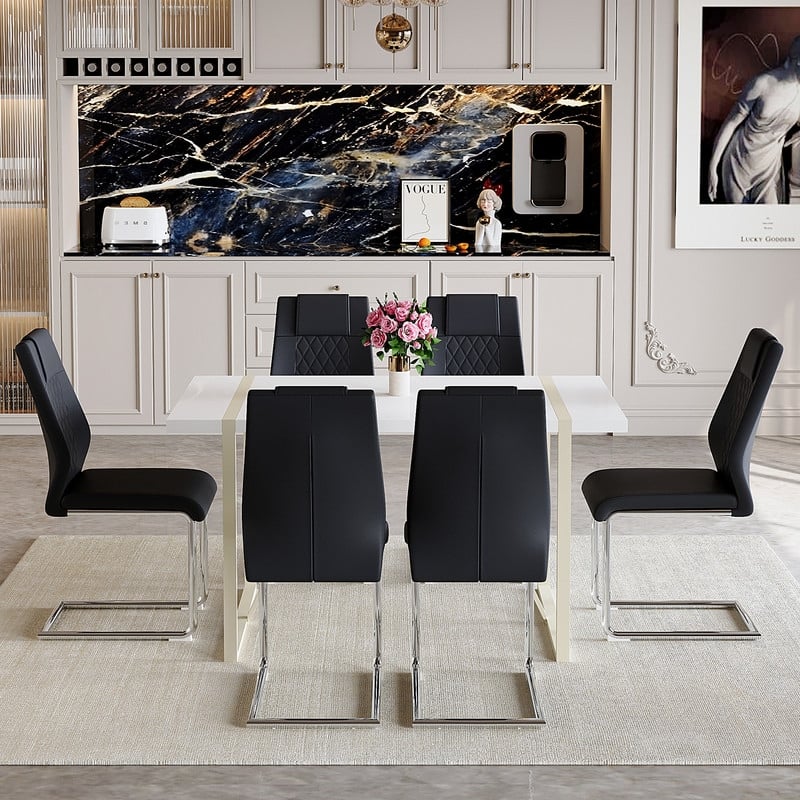 7-Piece Modern Dining Table Set with 6 Upholstered Chairs, Silver Metal Legs