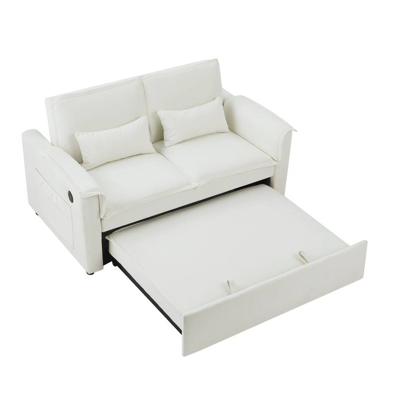 Pull Out Loveseat Sofa Convertible Sleeper Love Seat Bed with USB Ports and 2 Pillows Adjustable Backrest Tufted Couch