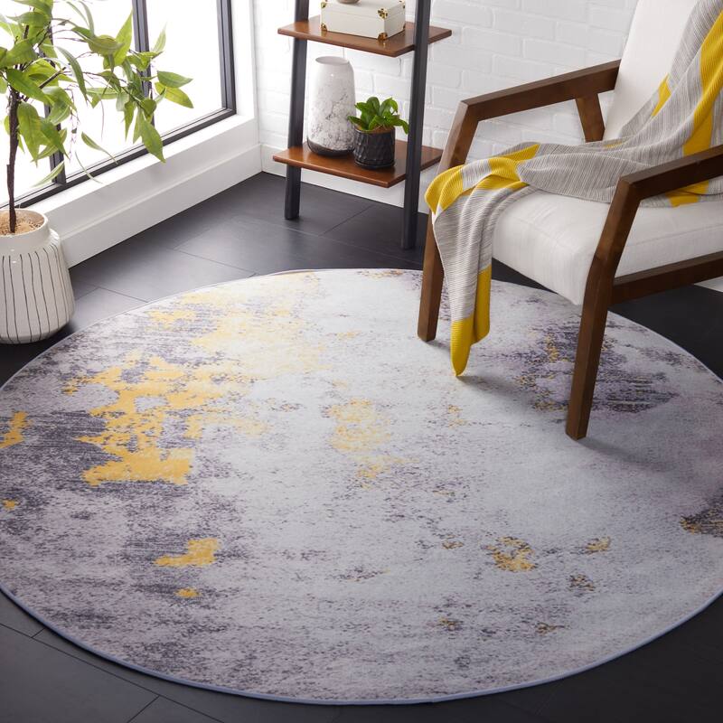SAFAVIEH Tacoma Machine Washable Slip Resistant Almira Modern Abstract - 6' Round - Grey/Gold - Round