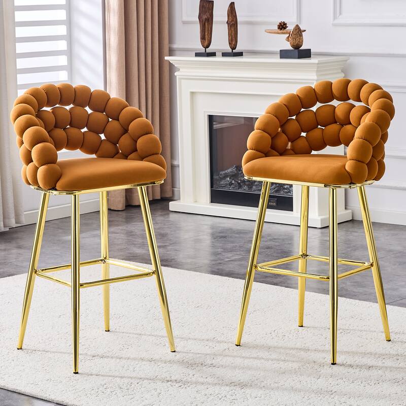 Set of 2 Puffy Bubble Chair Ball Chain Chair Velvet Bar Stools with Gold Legs, Modern Tufted Accent Bar Chairs