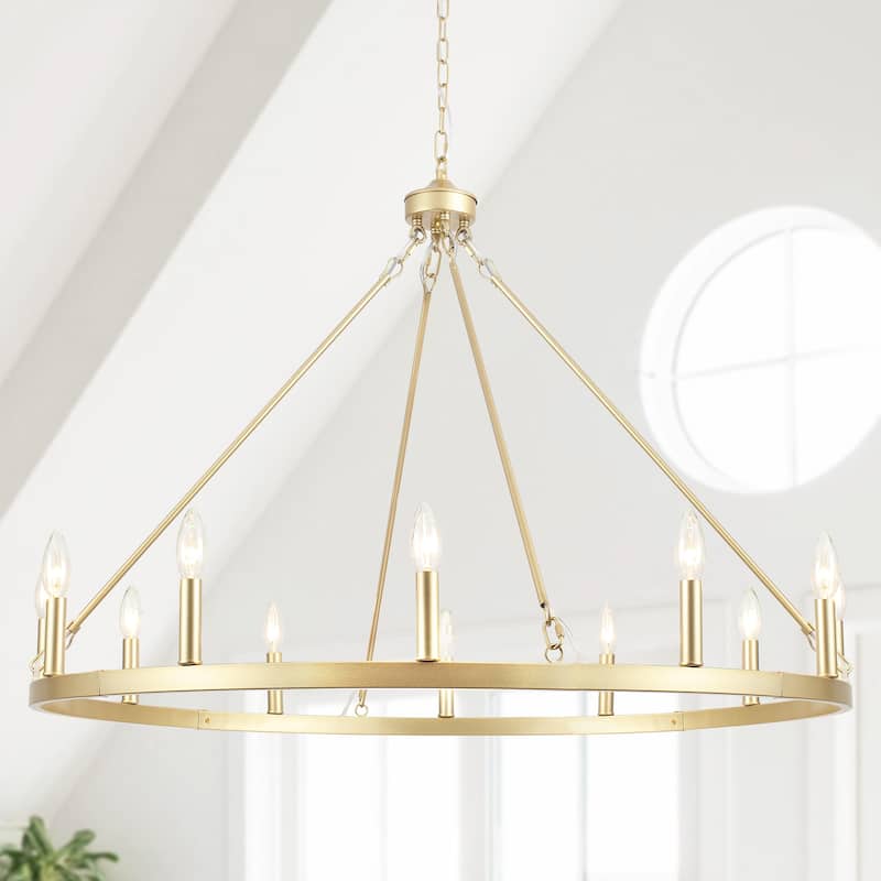 12-Light 37.99 in. Rustic Wagon Wheel Chandelier for Bedroom Kitchen - Spray-painted Gold