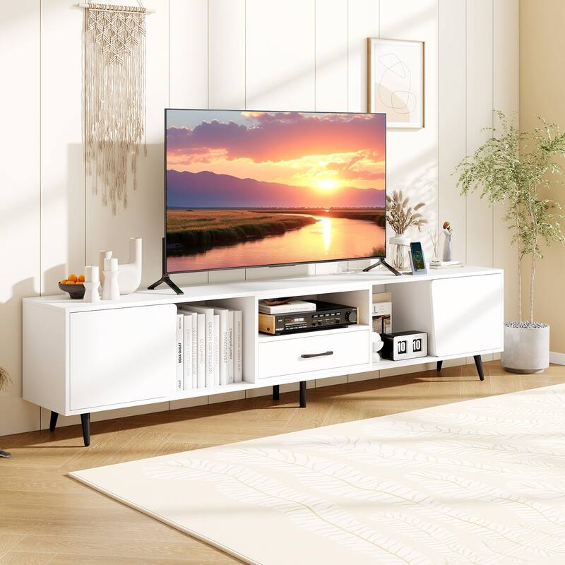 79" White Entertainment Unit with Storage Cabinets Drawer and USB Power Strip Cable Holes for Living Room - 79" x 13" x 18"