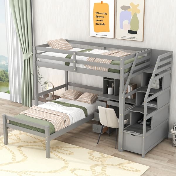 slide 2 of 9, Gray Twin Pine Loft Bunk Bed with Storage Staircase, Desk, Shelves, Drawers Gray