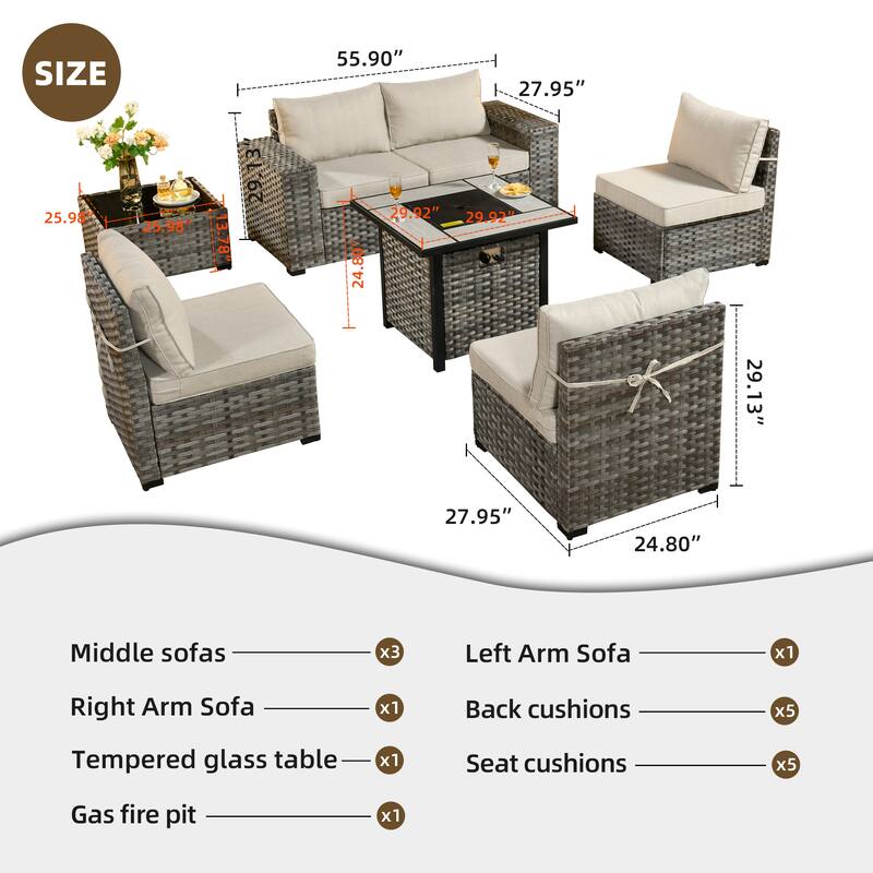 OVIOS Patio Wicker Furniture Wide Arm 7-piece Fire Pit Set with Table