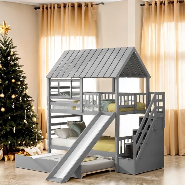 slide 2 of 14, Twin Over Twin House Bunk Bed Grey