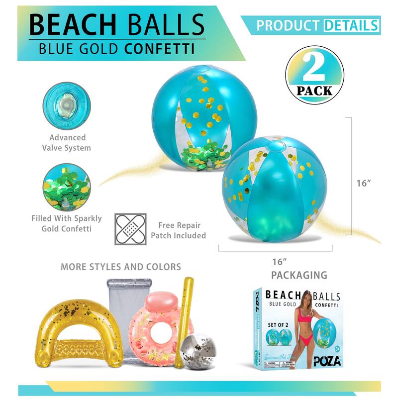 POZA Heavy Duty Inflatable Beach Ball Set of 2 - Blue Gold, 16 Inches - 16 inches