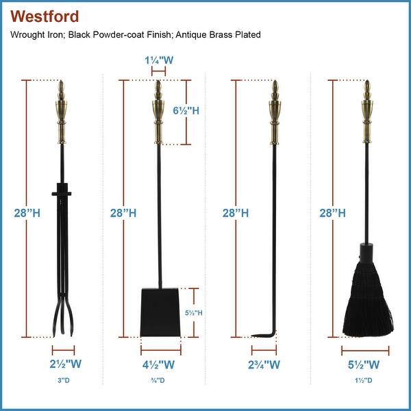 dimension image slide 1 of 2, Achla Designs Westford Fireplace Set of 4 Tools, 30.5 Inch Tall, Antique Brass and Black