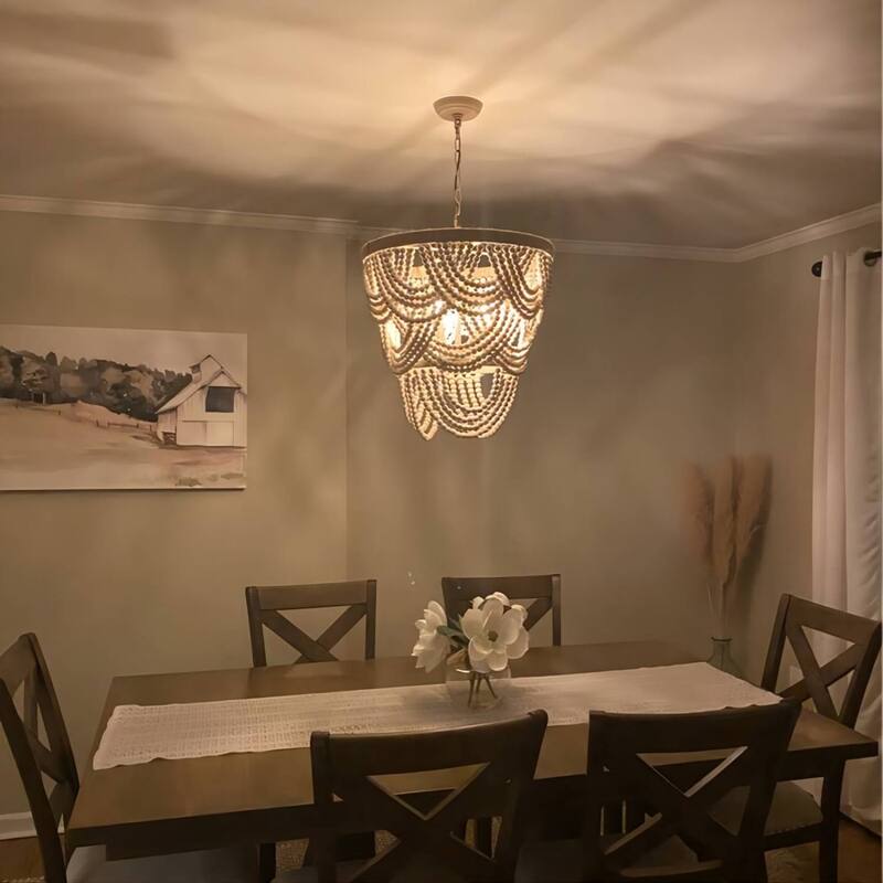 19.7" Bohemian Layered Wood Beads Basket Chandelier Light