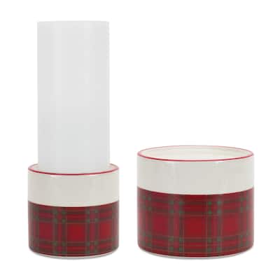 Winter Plaid Ceramic Candle Holder (Set of 2) - N/A