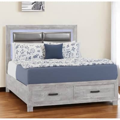HomeRoots Gray Faux Crystal Bling Distressed Wood And Faux Leather Lighted King Bed Frame With Two Drawers