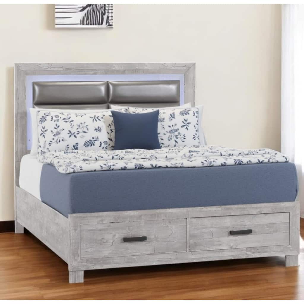 HomeRoots Gray Faux Crystal Bling Distressed Wood And Faux Leather Lighted King Bed Frame With Two Drawers