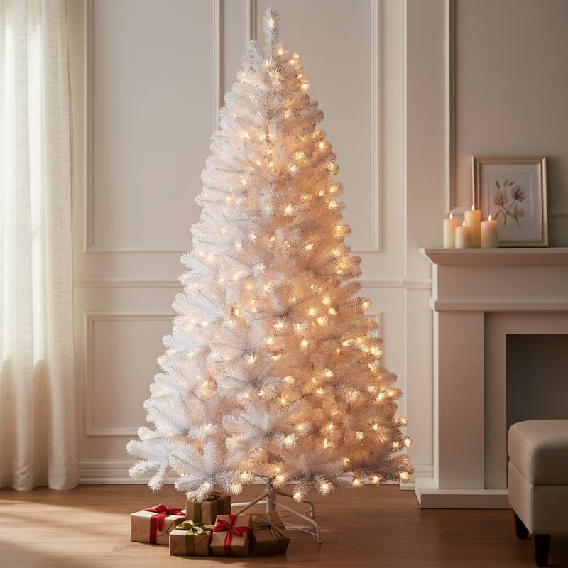 HomeRoots 9' White Pre Lit Full Pine Christmas Tree - 60.00 in. x 108.00 in. x 60.00 in. - White - 9 Foot