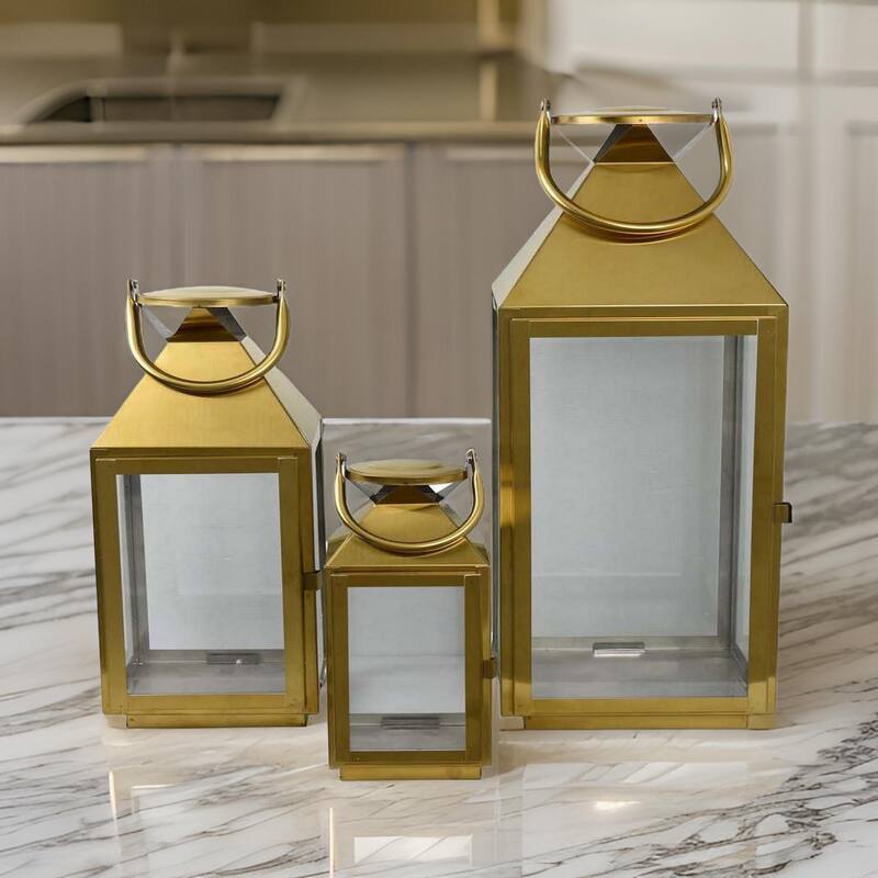 Davi Set of 3 Decorative Lanterns, Curved Handles, Glass Panel, Gold Metal