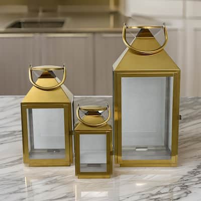 Davi Set of 3 Decorative Lanterns, Curved Handles, Glass Panel, Gold Metal