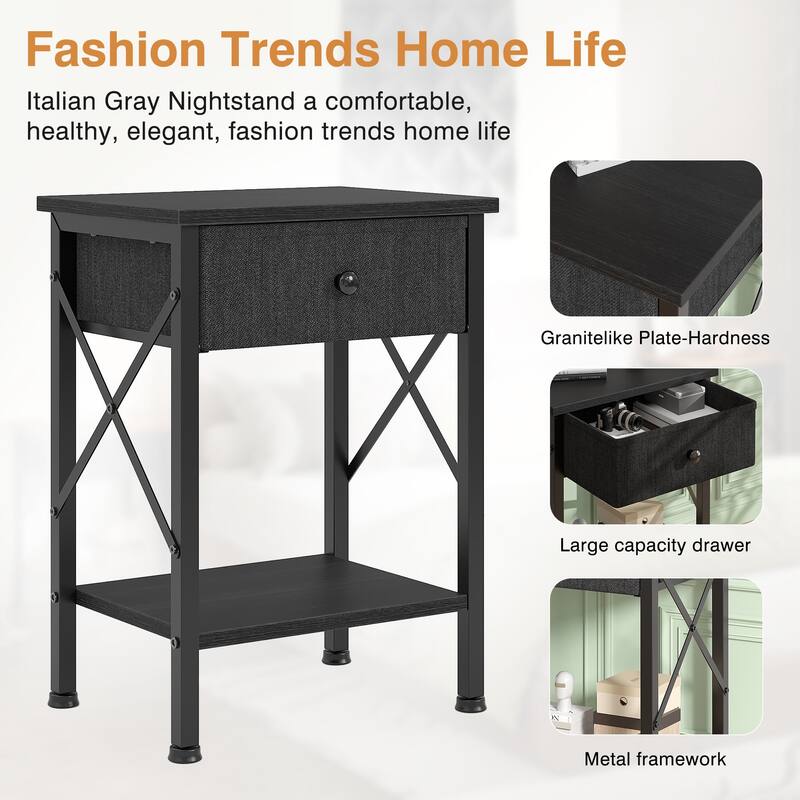 VECELO X Frame Nightstand with Removable Fabric Drawer Easy to Clean Nightstand Multifunctional End Table with Open Shelf