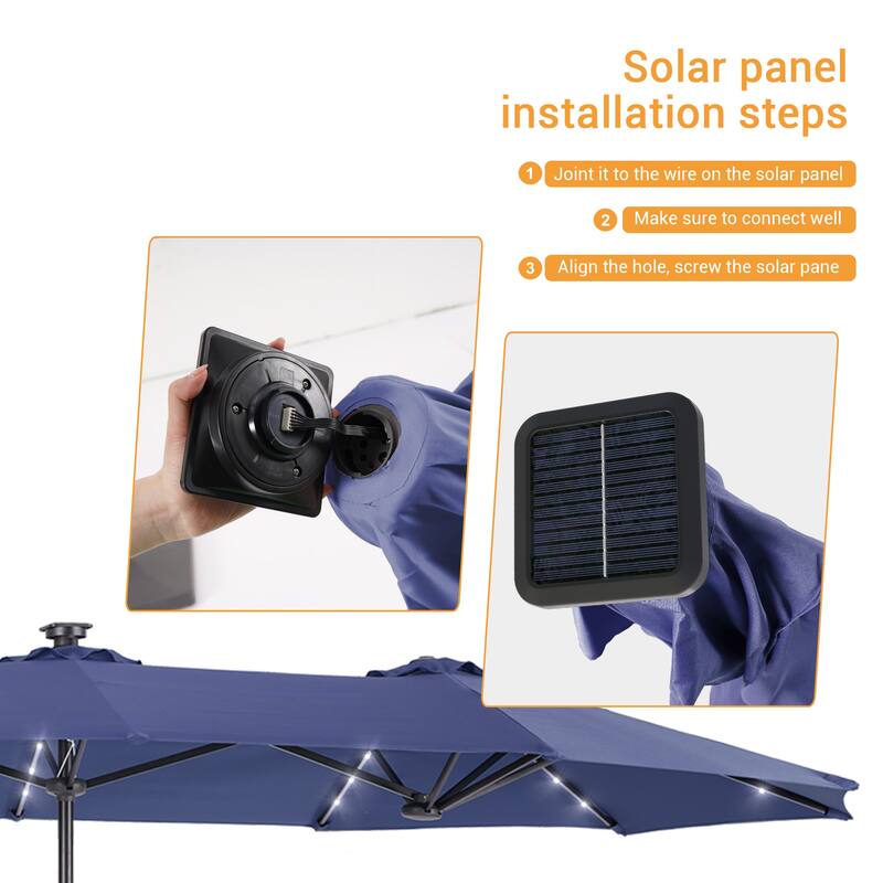 LIVOOSUN 13 x 7.2ft Large LED Double-Sided Rectangular Outdoor Patio Market Umbrella with Crank, Solar Panel, Navy Blue