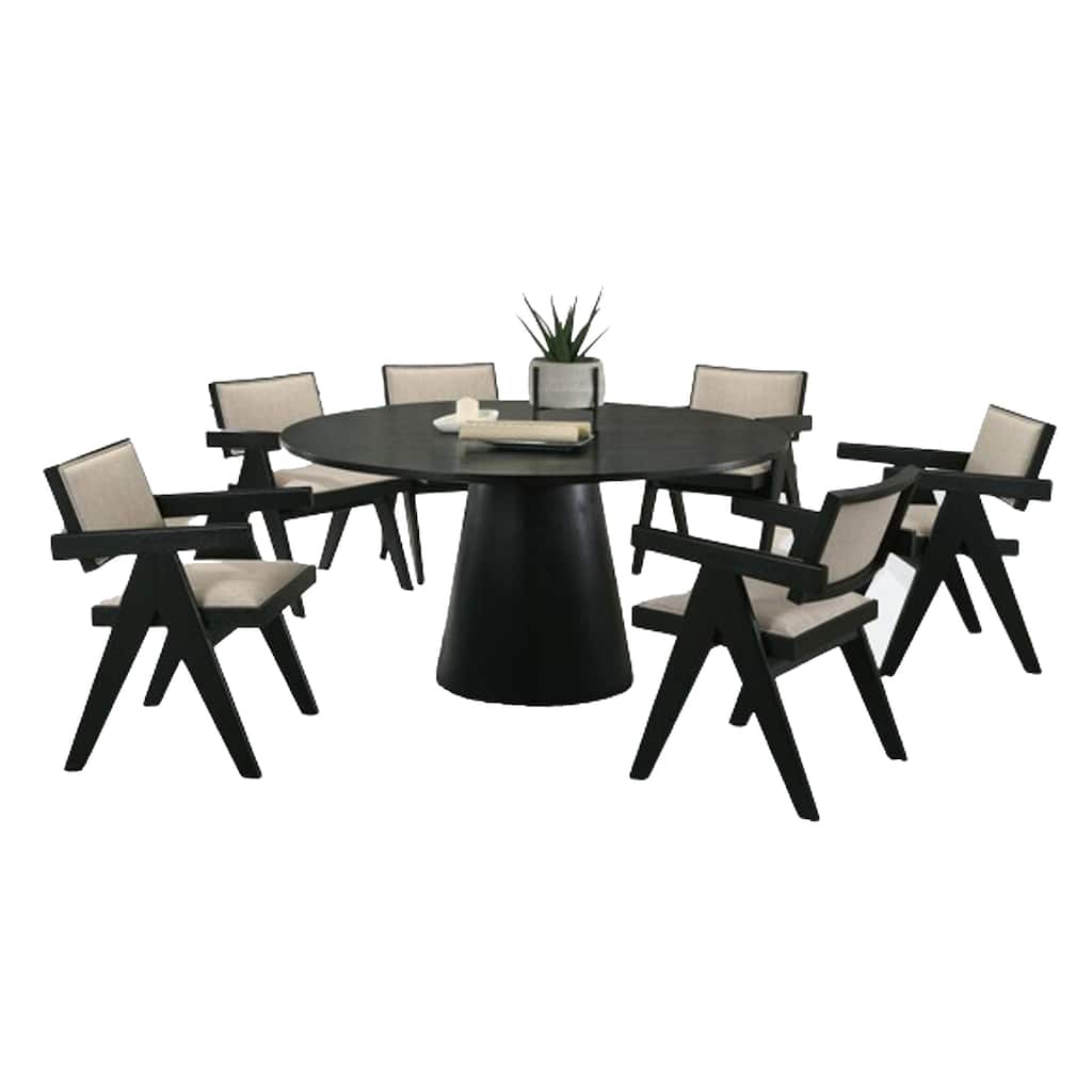 Bili 7pc Round Dining Table and 6 Armchairs Set, Open Back, Beige, Black