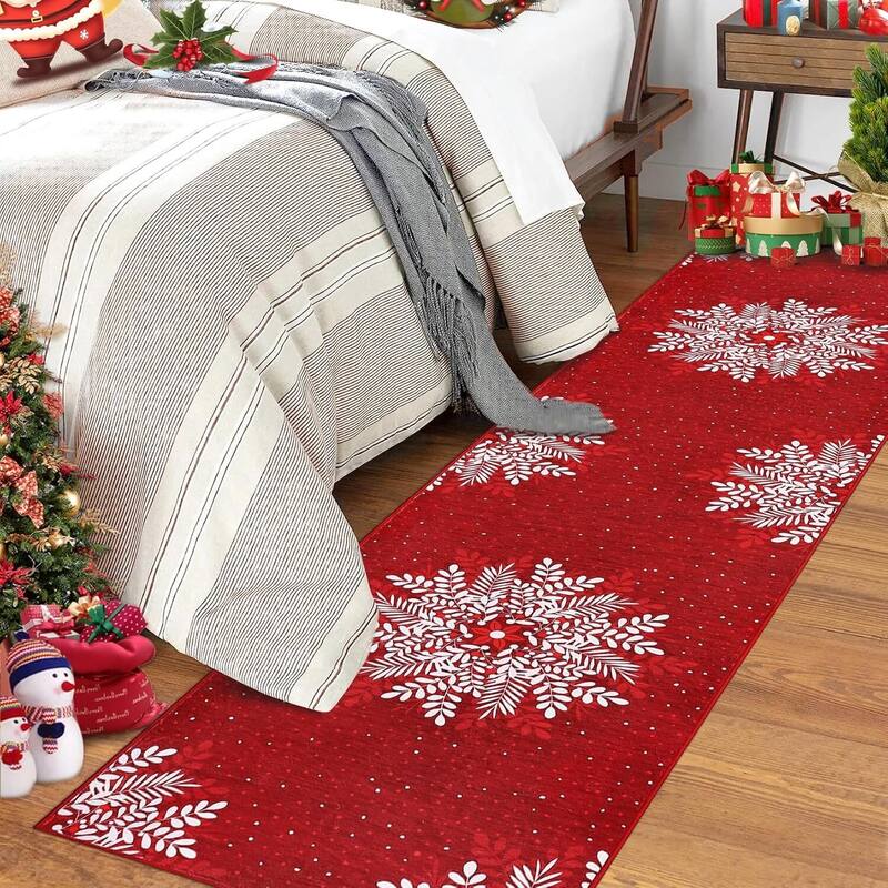 Christmas Snowflake Washable Area Rug, for Holiday Decor, Red - 2*6ft