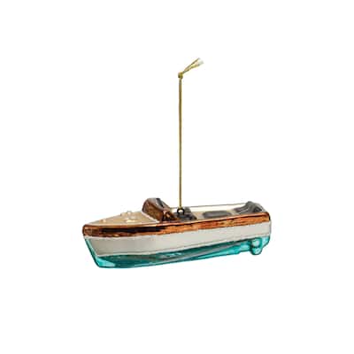Hand-Painted Glass Boat Ornament with Glitter - 5.1"L x 2.6"W x 1.8"H