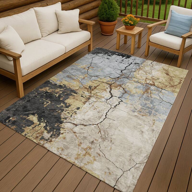Machine Washable Indoor/ Outdoor Modern Crackle Chantille Rug - Gold - 3' x 5'