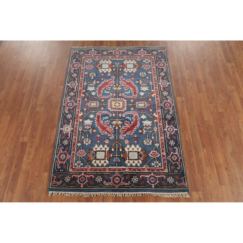Blue Geometric Oushak Indian Area Rug Handmade Wool Carpet - 3'11"x 5'10"