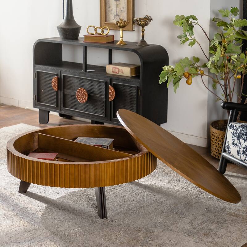 39.37" Retro Round Coffee Table with Storage Space, Suitable for Living Room and Office