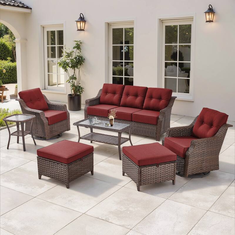 Gymojoy Wicker Patio Furniture Sofa Set, 6-Inch Ultra Thick Cushioned 360°Swivel Glider Chairs & Sofa Set - Brown Wicker / Red Cusion - 7-Piece with Ottomans
